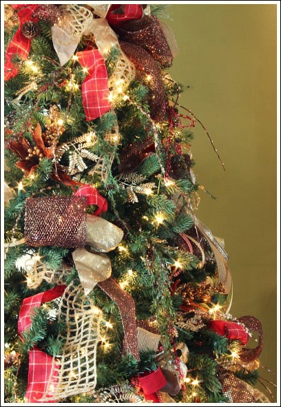 how to decorate a christmas tree with only ribbon and greenery, christmas decorations, crafts, seasonal holiday decor, For a little glamor I added some bronze ribbon to the mix