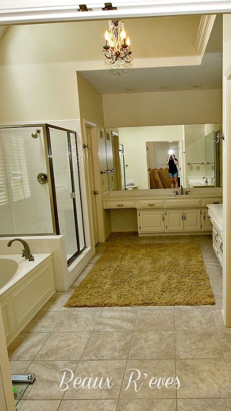 master bathroom remodel, bathroom ideas, home decor, spas, tiling, BEFORE photo Too short vanities old broken tub dated shower enclosure mold under tile