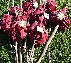 diy backyard campout birthday party, crafts, outdoor living, repurposing upcycling, woodworking projects, Goodie bags In keeping with the theme I used red bandanas tied to a stick