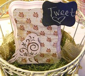 tweet birdcage michaels hometalk pinterest party mpinterestparty, chalkboard paint, crafts, decoupage, painting, I then hot glued the bird and the chalkboard to the plaque and placed it inside the birdcage