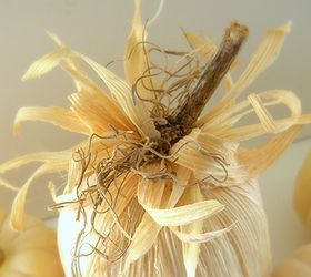 cornhusk covered pumpkin, seasonal holiday decor, Tie off the tops and add twigs and moss