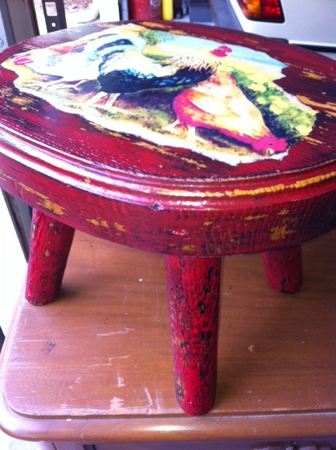 red painted stool with little hen motif, painted furniture