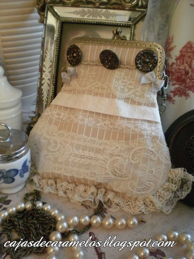 hand made vintage small bag with lace and antique buttons, crafts