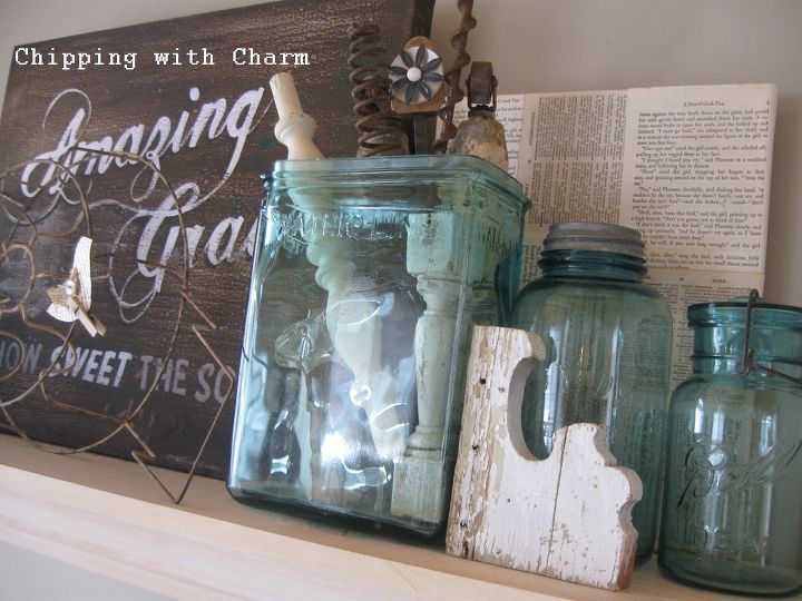 spring mantel aqua glass jars and junk, home decor, Glass battery cases filled with junk