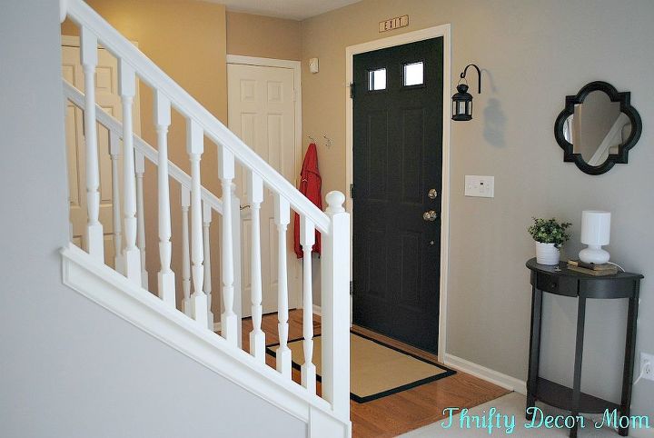 foyer, chalkboard paint, doors, foyer, home decor, painting, Updates to Foyer Painted stair rails white painted front door black new rug Ikea lantern