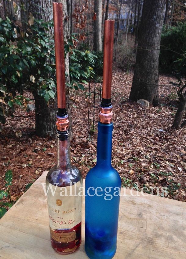 wine bottle watering device with copper tubing for container gardens