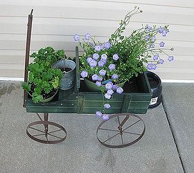 my little wagon planter, flowers, gardening, outdoor living, perennial, repurposing upcycling, my little wagon gets some flowers The purple ones are perennials Geraniums are in the smaller pots