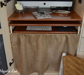 my decorated and organized computer armoire workstation, craft rooms, home office, organizing, I sewed an easy burlap skirt to cover up the printer and some other not so nice looking clutter