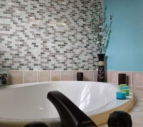 diy glass tile accent wall in master bathroom, bathroom ideas, home decor, tiling, The view from the garden tub