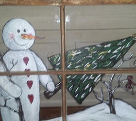 Snowman with Christmas Tree. Acrylic tole paint on vintage window | Hometalk