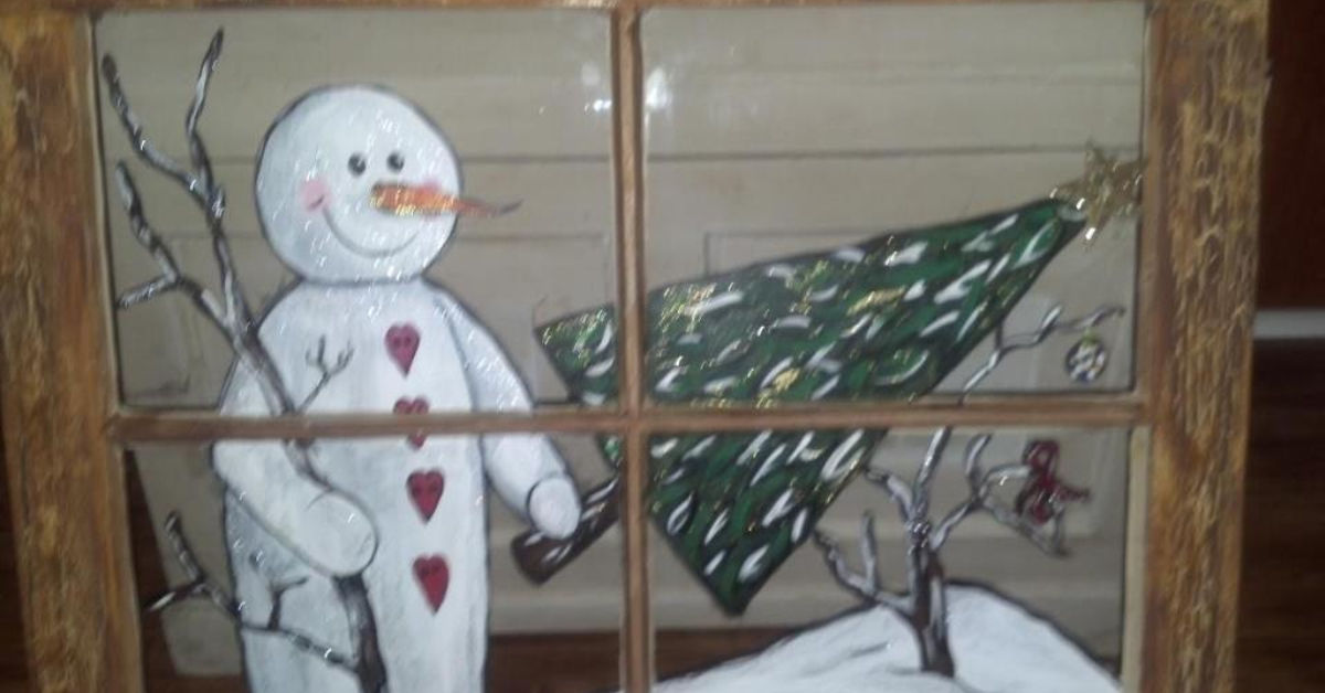 Create your christmas 2013, christmas tags for kids to color & a challenge for you! Snowman with Christmas Tree. Acrylic tole paint on vintage window | Hometalk