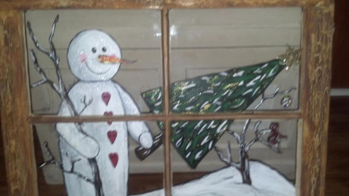 snowman with christmas tree acrylic tole paint on vintage window, christmas decorations, seasonal holiday decor, Vintage window painted Snowman