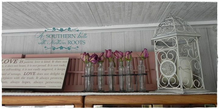 pink shutter display, home decor, Dried roses add the romance