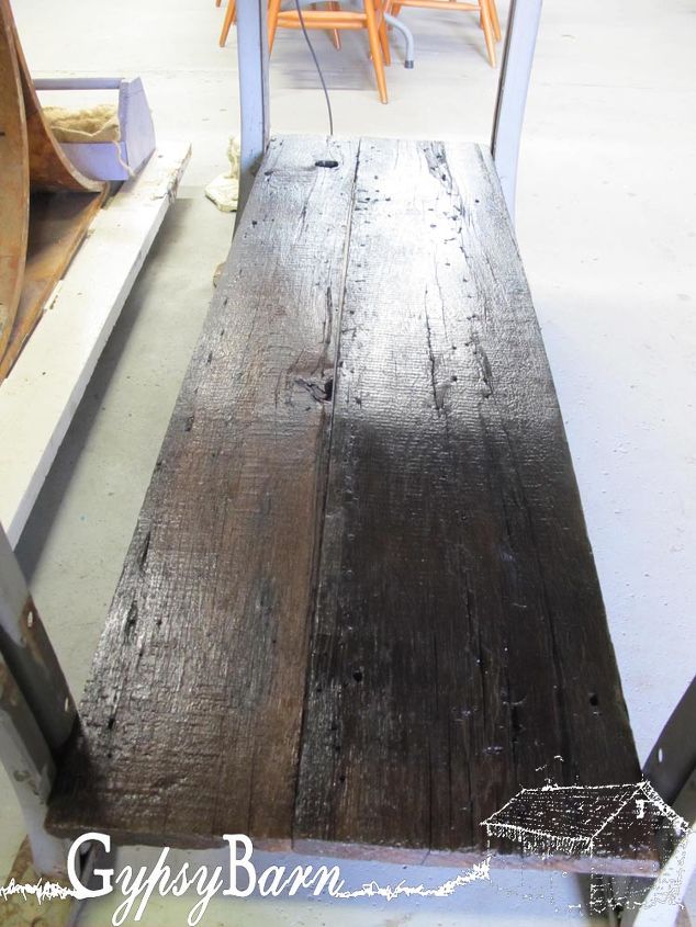 mechanics table to kitchen island, diy, how to, painted furniture, woodworking projects, Bottom metal shelves replaced with 2 200 year old barn boards also stained and clear coated
