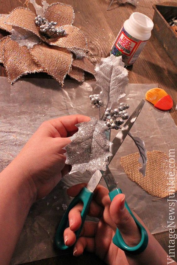 how to make a burlap flower christmas ornament video tutorial, crafts, decoupage, seasonal holiday decor, Add leaves and berries for more sparkle