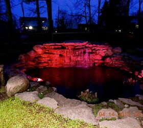 ponds water features, outdoor living, ponds water features, Our pond at night led lights