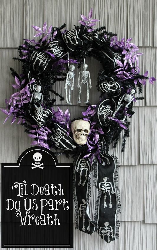 coroas para todas as estaes, Esqueleto assustador de Halloween e coroa de cr nio em roxo e preto Embelezado com glitter e fita bordada