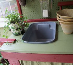 my new diy potting bench, diy, gardening, how to, outdoor living, woodworking projects, has a built in opening for a plastic tub to catch the soil