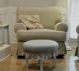 diy ottoman from an old end table, painted furniture, She s a sweet little ottoman We ve since moved and now she lives in the Master Bathroom where she s a comfy little stool