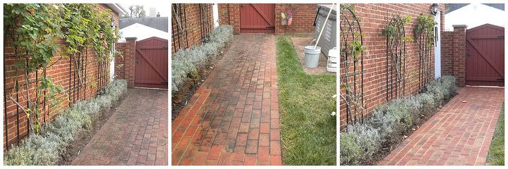 before and after power washing brick, cleaning tips, concrete masonry, curb appeal, home maintenance repairs, Courtyard Walkway Before During After Power Washing with additive in water