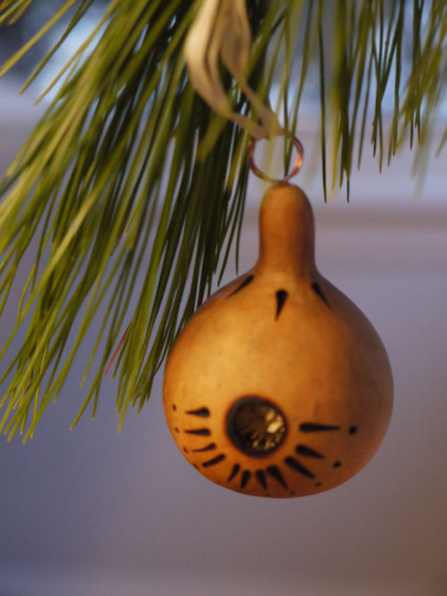 ornaments from the garden mini gourds, repurposing upcycling, seasonal holiday decor, Here s a finished bird house ornament I added designs with the wood burning tool