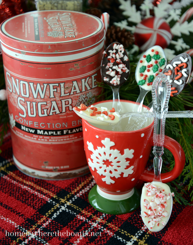 tis the season for hot cocoa tablescape, christmas decorations, seasonal holiday decor, Hot Chocolate or Cocoa Stirring Spoons are quick and easy to make with plastic spoons candy melts or almond bark and decorative holiday sprinkles