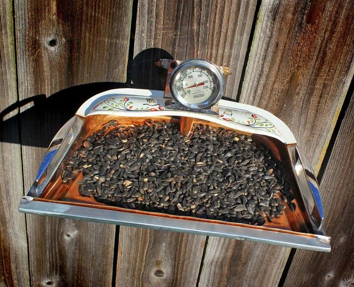 repurposed upcycled bird feeder dust pan, gardening, repurposing upcycling, Repurposed Copper Dust Pan Bird Feeder by GadgetSponge com
