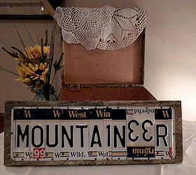 a casual homemade wedding, chalkboard paint, crafts, mason jars, Gift table vignette vintage suitcase for cards sign fashioned of barn wood old license plates
