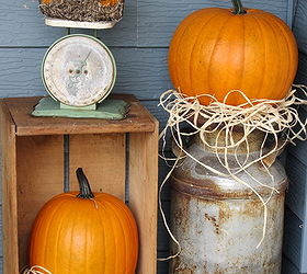 a rustic vintage fall covered patio, outdoor living, seasonal holiday decor, The front step with more pumpkins and vintage decor