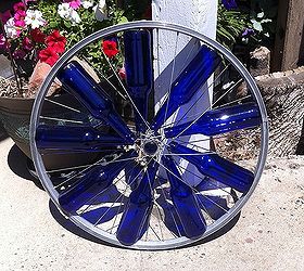 bicycle wheel wonderfulness, gardening, repurposing upcycling, Looks good in all blue
