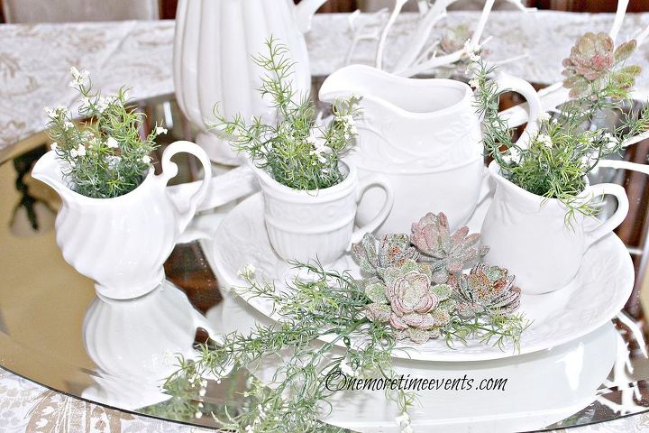 spring table centerpiece with a frosted winter touch, home decor, seasonal holiday decor, bouquet of succulents on a spray of greenery