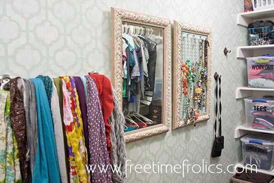 chic stenciled closet ideas, cleaning tips, home decor, painting, Our Casbah Trellis Moroccan Stencil used by Adrienne from Freetime Frolics on a feature wall in her once dark and blah walk in closet