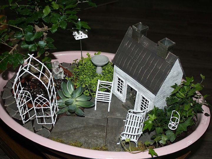 fairy garden containers, container gardening, crafts, gardening, repurposing upcycling, Fairy garden in a vintage pink enamel ware tub