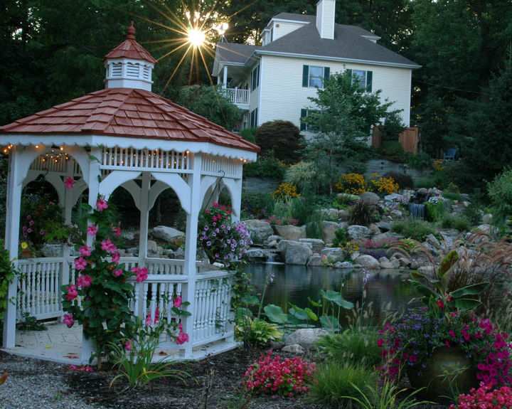 gazebos and ponds some things just go together, gardening, outdoor living, ponds water features, The gazebo enjoys a great view of the pond and waterfall