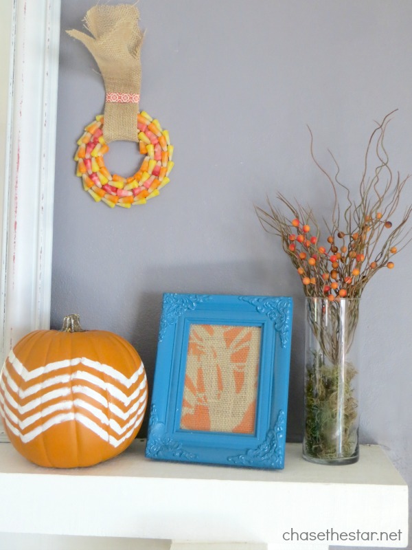 teal and orange fall mantel, seasonal holiday decor, Chevron pumpkin