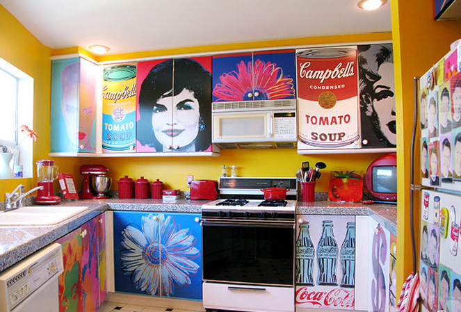 decoupage kitchen cabinets with andy warhol posters, home decor, kitchen cabinets, kitchen design, This is the finished kitchen I love how some posters cover one cabinet and others spread across two cabinets