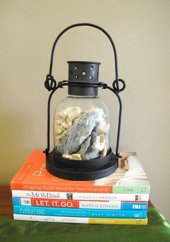 my new makeshift blogging space office nook, craft rooms, home decor, home office, Mini lantern is from Pottery Barn Filled it with shells we ve collected