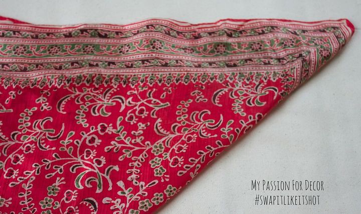 west elm inspired pouf using a vintage silk scarf, home decor, painted furniture, repurposing upcycling, reupholster