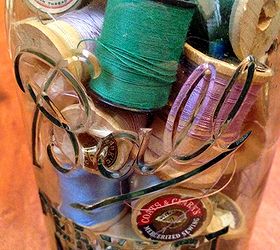 make diy mason jar lamps fun way to upcycle jars of buttons and more, crafts, lighting, mason jars, repurposing upcycling, Another lamp we made using old spools of thread in a glass Ball jar
