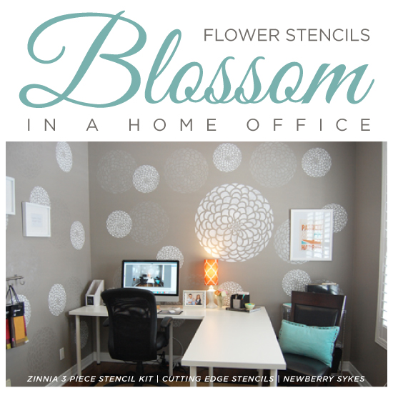 flower stencils blossom in a home office, craft rooms, home decor, home office, painting, wall decor, Cutting Edge Stencils shares stenciled home decor projects that feature our fun flower pattern the Zinnia Grande