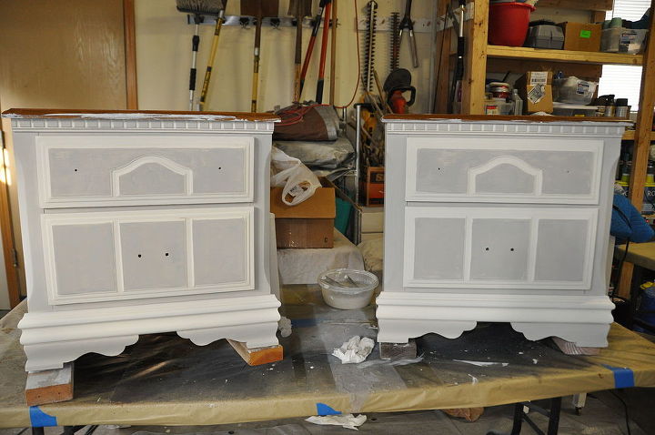 chic grey linen nightstands, painted furniture, Almost there