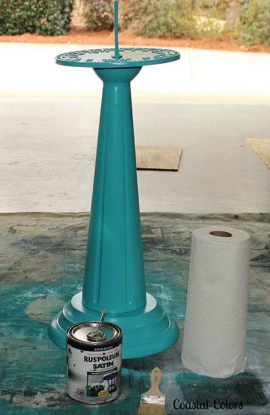 painting a verdigris finish on concrete or metal statues spring fever, First wire brush any loose paint and then wipe the objects of dust debris I chose a blue green spray paint by Rustoleum Seaside Gloss for the base coat Spray and let dry per the instructions on the can