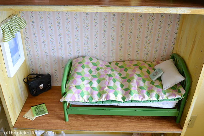 turn a bookcase into an american girl doll sized dollhouse, crafts, diy, Scrapbook paper becomes wallpaper for the bedroom