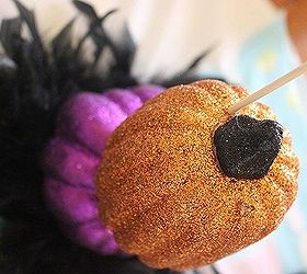 how to make topsy turvy glam pumpkins, crafts, seasonal holiday decor, Stick the wooden skewer through the top of the second pumpkin and all the way through the bottom pumpkin Snip off left over skewer Now repeat with your top pumpkin