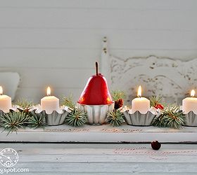 repurposed metal tins christmas candeholder centerpiece, repurposing upcycling, seasonal holiday d cor, I mounted some old tart tins and a small Jello mold onto a board that I painted white to make this candle holder centerpiece for Christmas