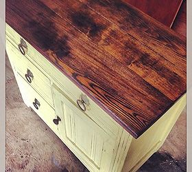 painted pieces, painted furniture, Buttercream yellow with a dark walnut top