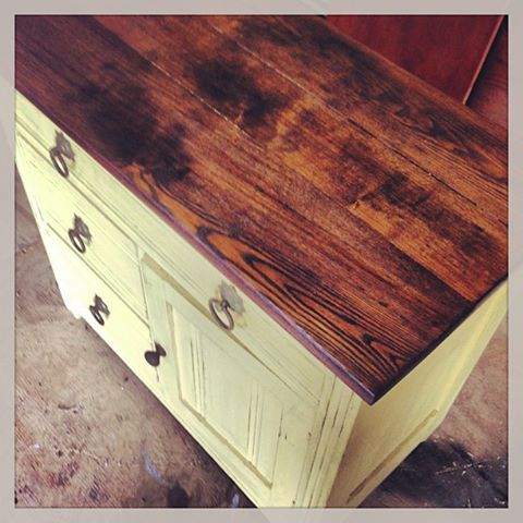 painted pieces, painted furniture, Buttercream yellow with a dark walnut top