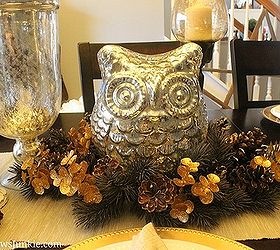 spruce up your thanksgiving dining room for under 20, seasonal holiday d cor, thanksgiving decorations, This is my upcycled Owl Centerpiece the owl was 10 but the rest was less than 2