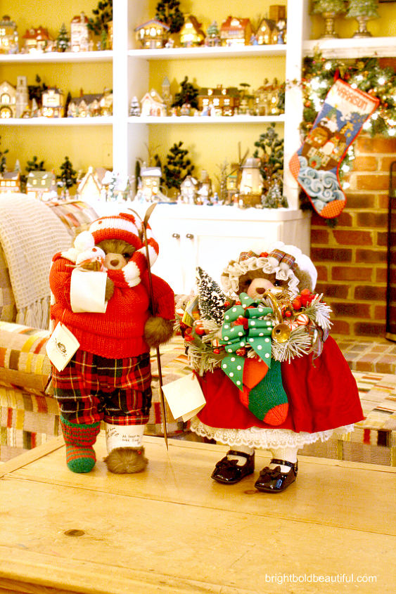 holiday home tour, christmas decorations, seasonal holiday decor, Apple Whimsy bears Mary and Joseph skier man and lady