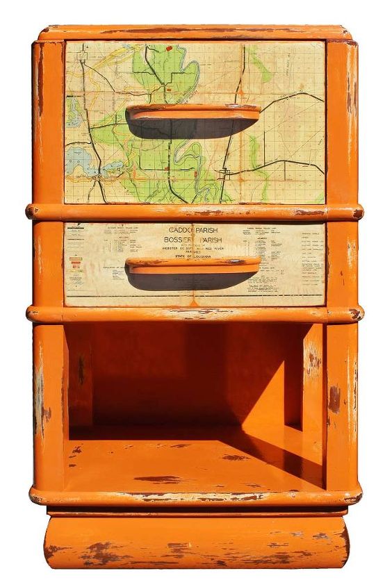 1 of 1 custom orange vintage nighstand featuring a vintage shreveport map, chalk paint, painted furniture, I painted the vintage Cavalier nightstand in orange chalk paint from Annie Sloan